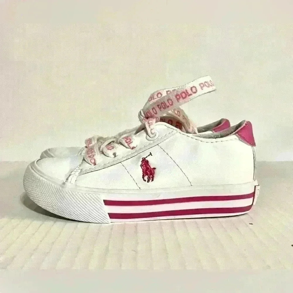 Polo Ralph Lauren Little Girls Size 6 White with Pink Sneakers Lace Up Shoes‎